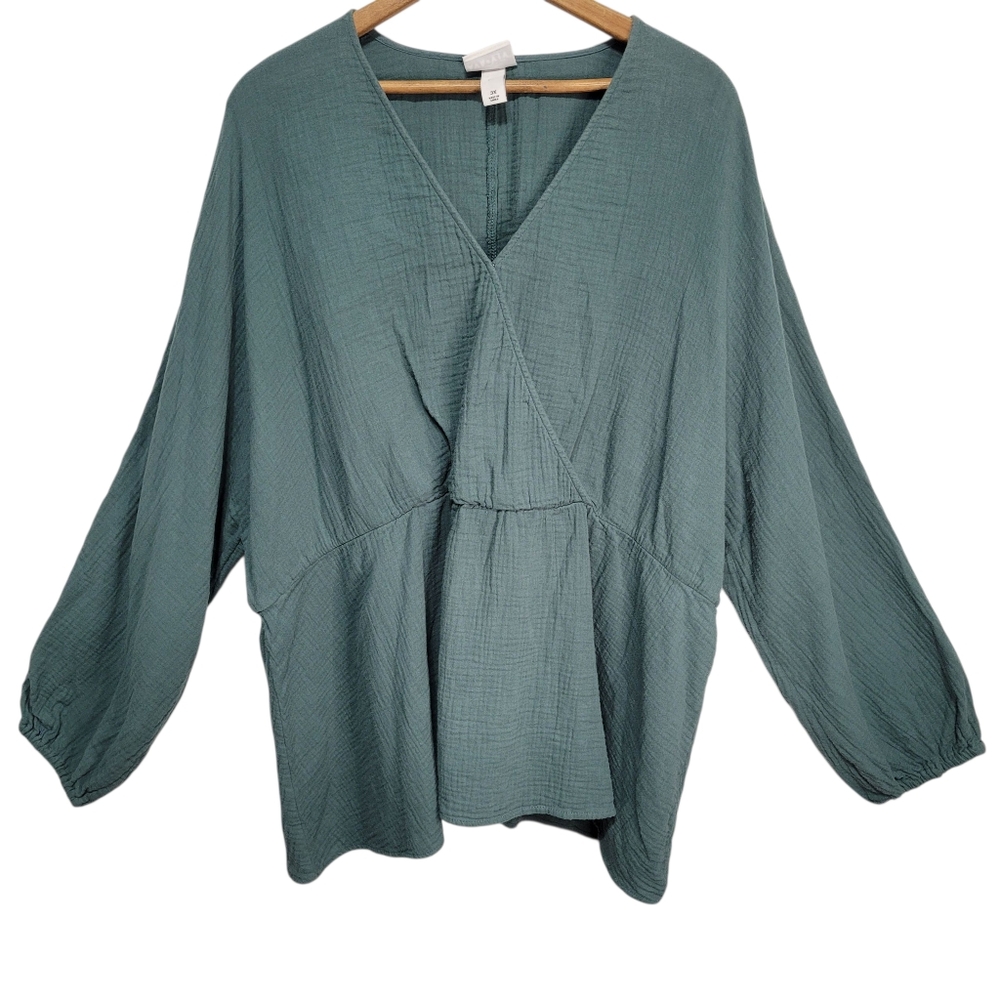 Ava & Viv Green Cotton Muslin Long Sleeve V-neck Blouse Size 3X Boho Forest